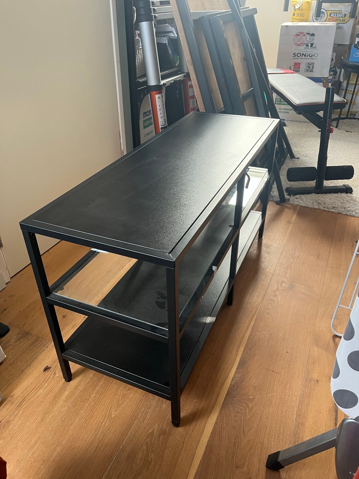 IKEA TV-meubel/dressoir, zwart metaal en glas, Ophalen, Gebruikt, 100 tot 150 cm, Minder dan 100 cm
