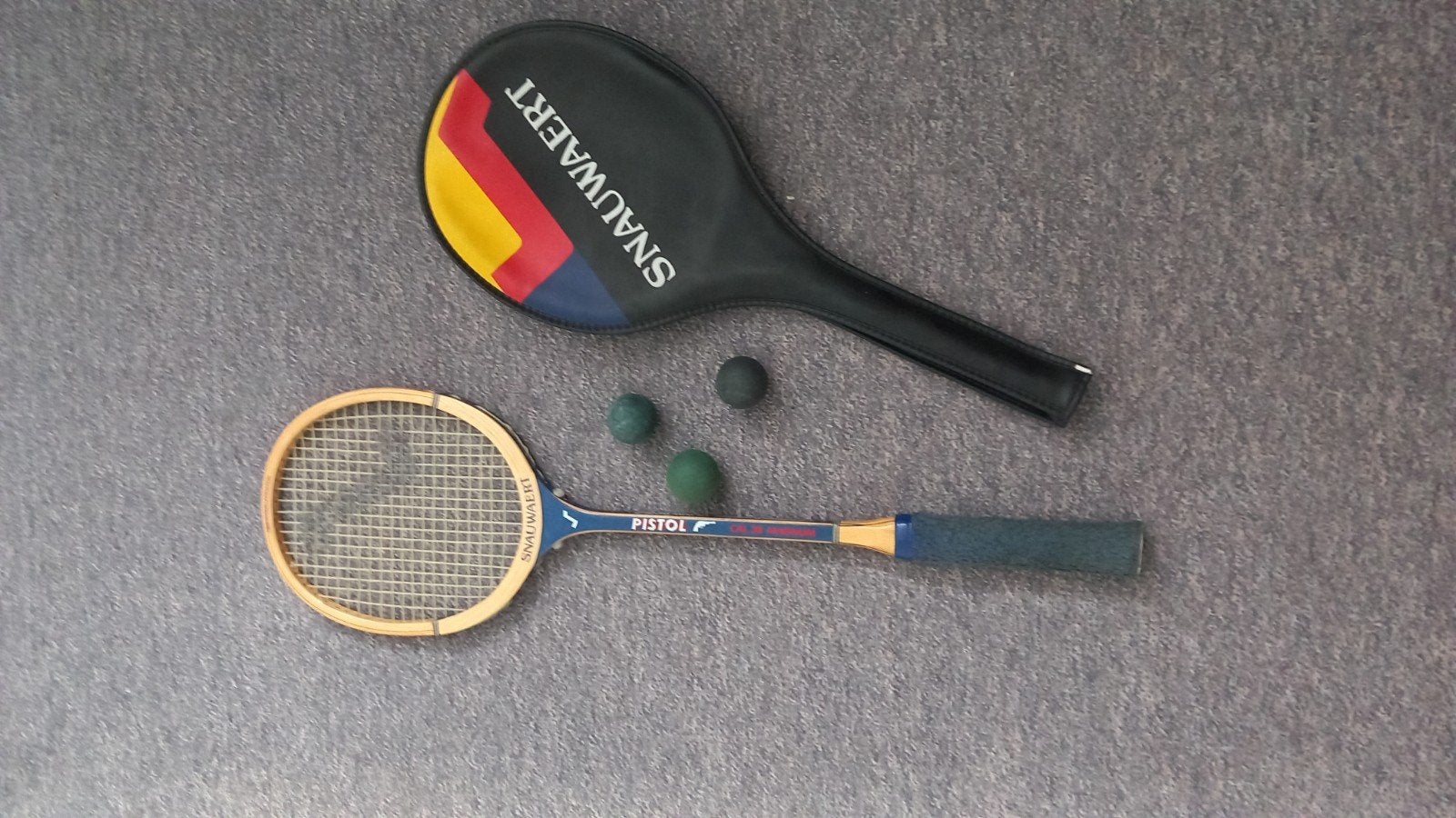 Vintage houten squash racket met hoes en ballen, Sport en Fitness, Squash, Ophalen of Verzenden