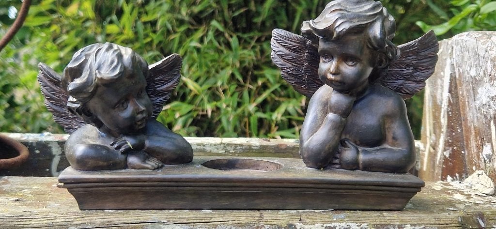 Mooi engelen beeld (cherub)(voor binnen/buiten ) brocante, Overige materialen, Ophalen of Verzenden, Bruin, Gebruikt