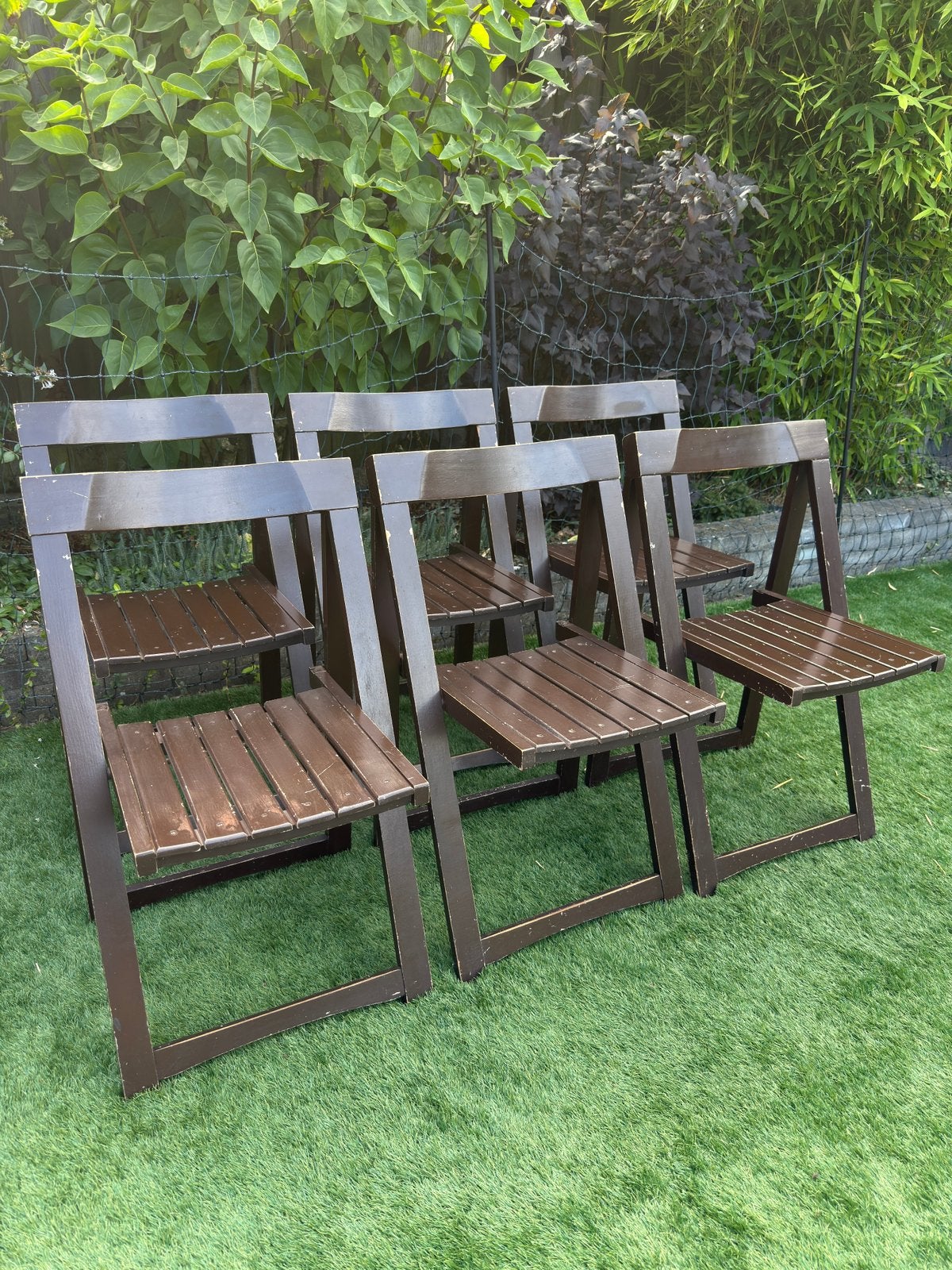 6 x Aldo Jacober Trieste vintage klapstoelen, Gebruikt, Bruin, Ophalen of Verzenden, Vijf, Zes of meer stoelen