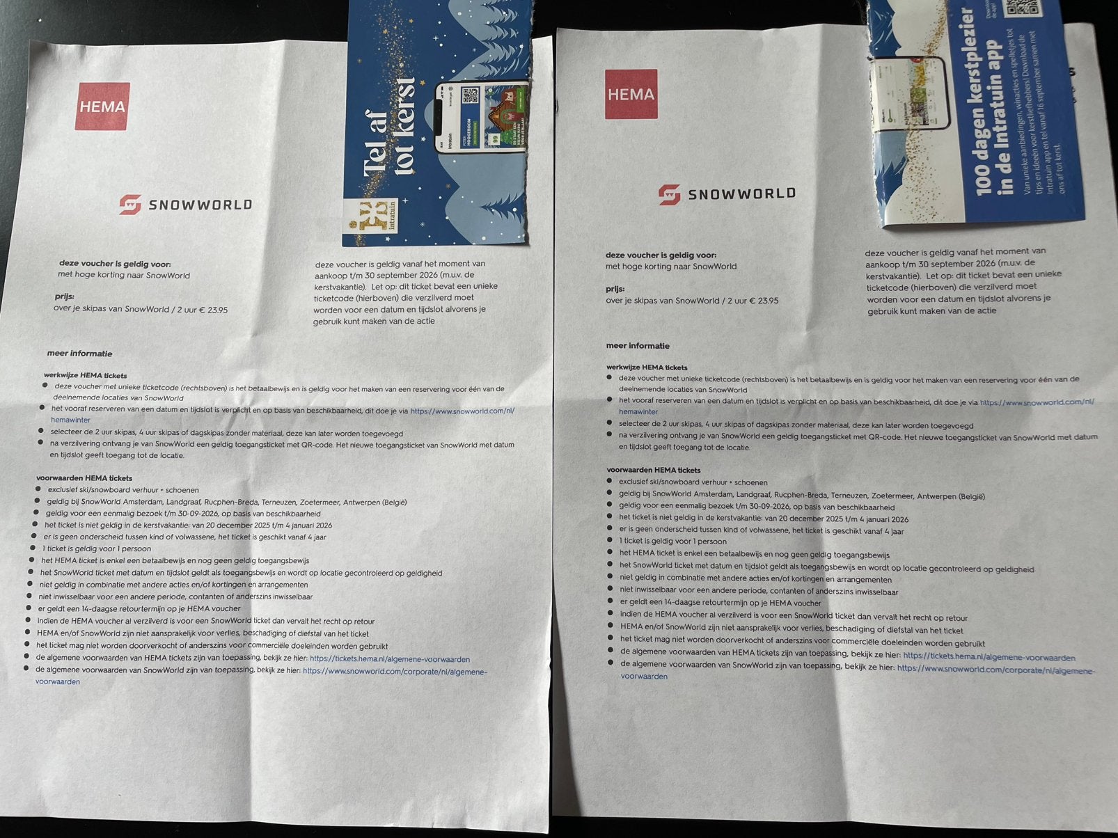 2 tickets voor 2 uur skien of snowboarden in Snowworld, Tickets en Kaartjes