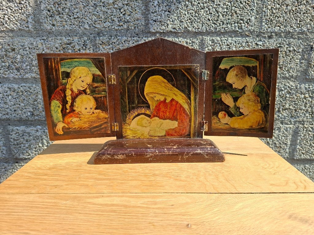 uit 1960 een houten 3 luik geboorte van christus, Ophalen of Verzenden