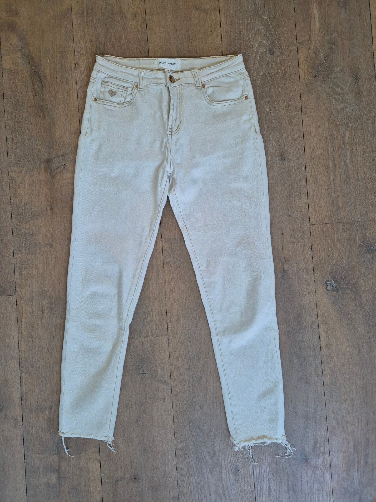 Jacky Luxury ecru jeans maat 38 met stretch en rafels, JACKY LUXURY, Overige kleuren, Ophalen of Verzenden, Zo goed als nieuw