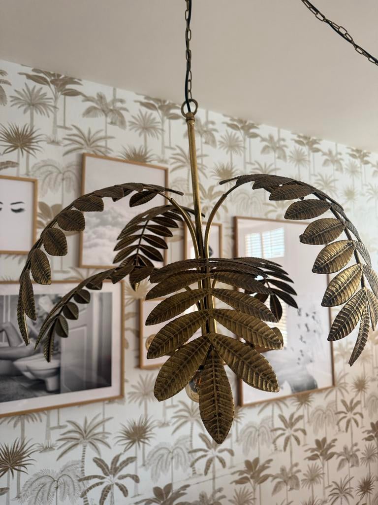 Gouden palmblad hanglamp, Ophalen, Zo goed als nieuw, Metaal, 50 tot 75 cm