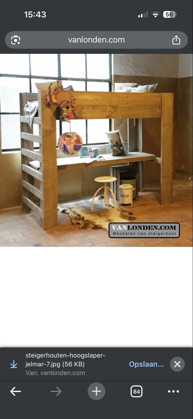 Steigerhouten Hoogslaper met Bureau, 100 cm, Hoogslaper, Eenpersoons, 210 cm