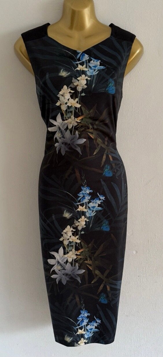 Ted Baker slanke jurk kuitlang in blauwtinten print Ted3=38, Maat 38/40 (M), Zo goed als nieuw, Onder de knie, Meerkleurig