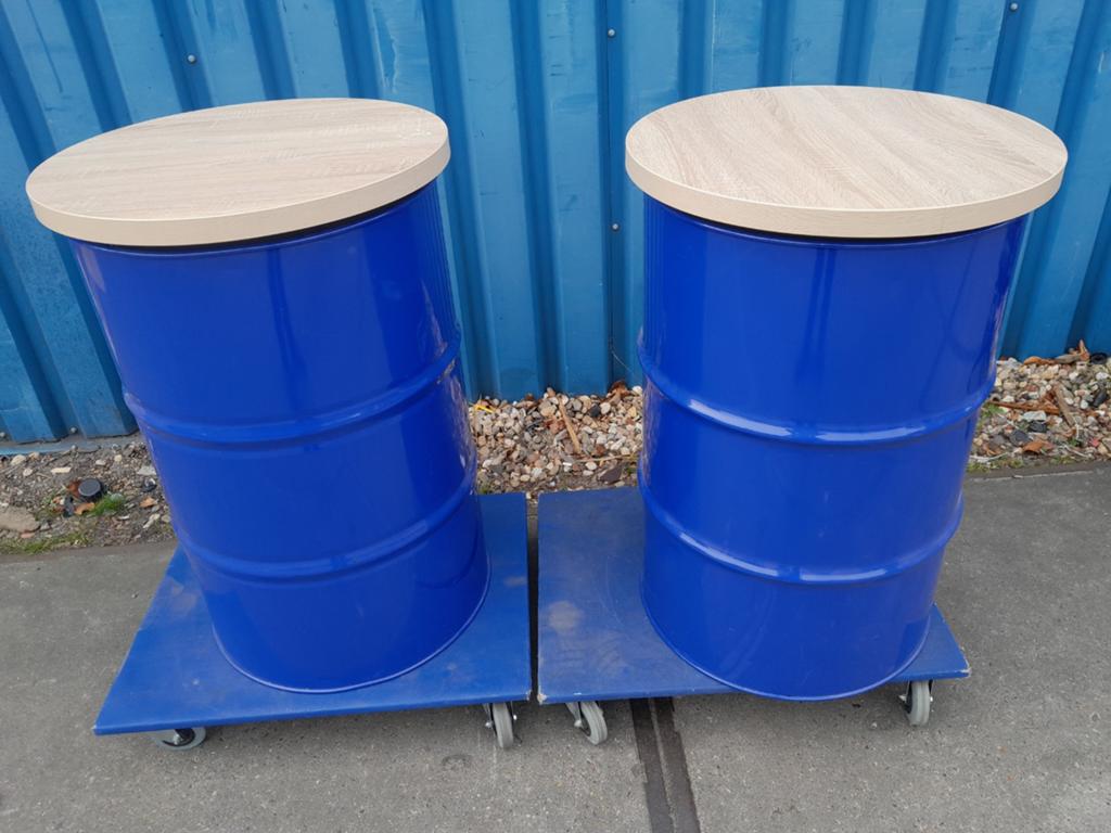 Statafel olievat - Blauw met houten blad, Ophalen