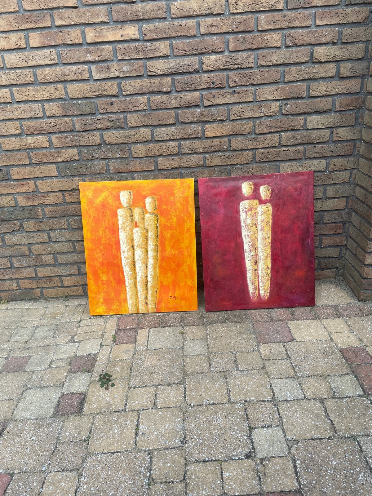 Set van 2 moderne schilderijen: Abstracte figuren, Antiek en Kunst, Kunst | Schilderijen | Modern, Ophalen, Figuren, Hout, Handgeschilderd