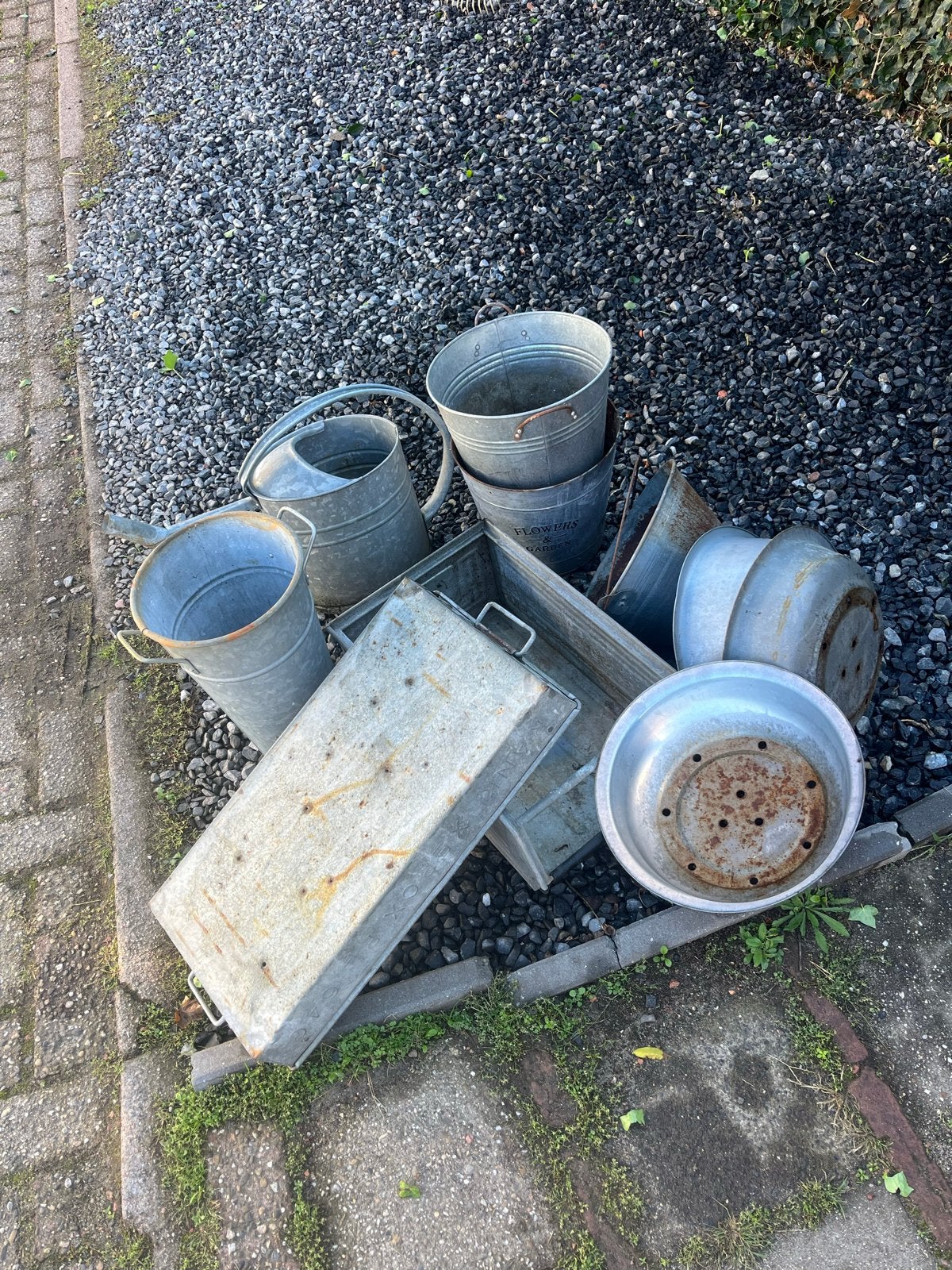 Diverse zinken potten en bakken 10 stuks, Ophalen, Gebruikt, Balkon, Metaal