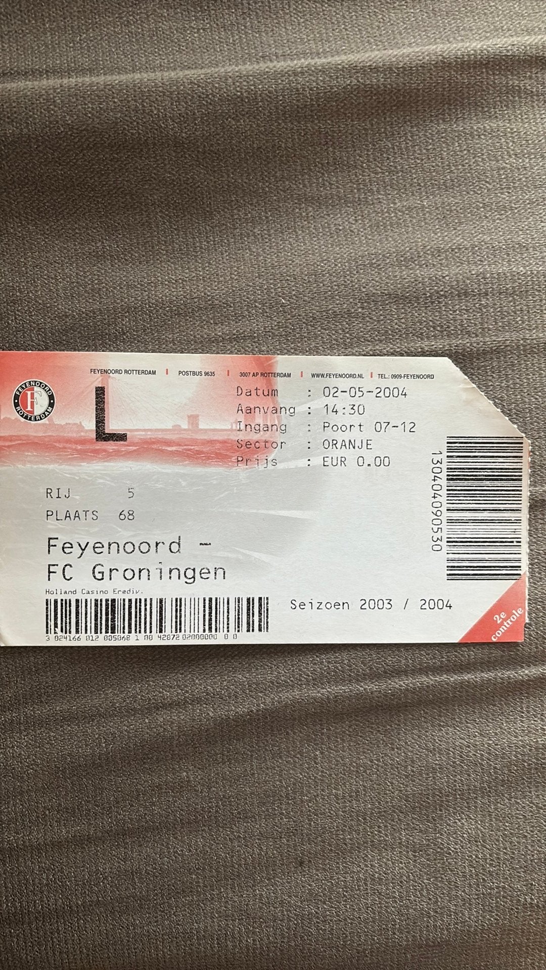 Oud stadionticket feyenoord fc groningen 2004, Ophalen of Verzenden, Zo goed als nieuw, Feyenoord