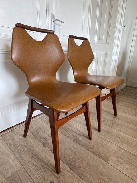 2 vintage eetkamerstoelen skai & hout – Van Teeffelen stijl, Ophalen, Gebruikt, Twee, Bruin