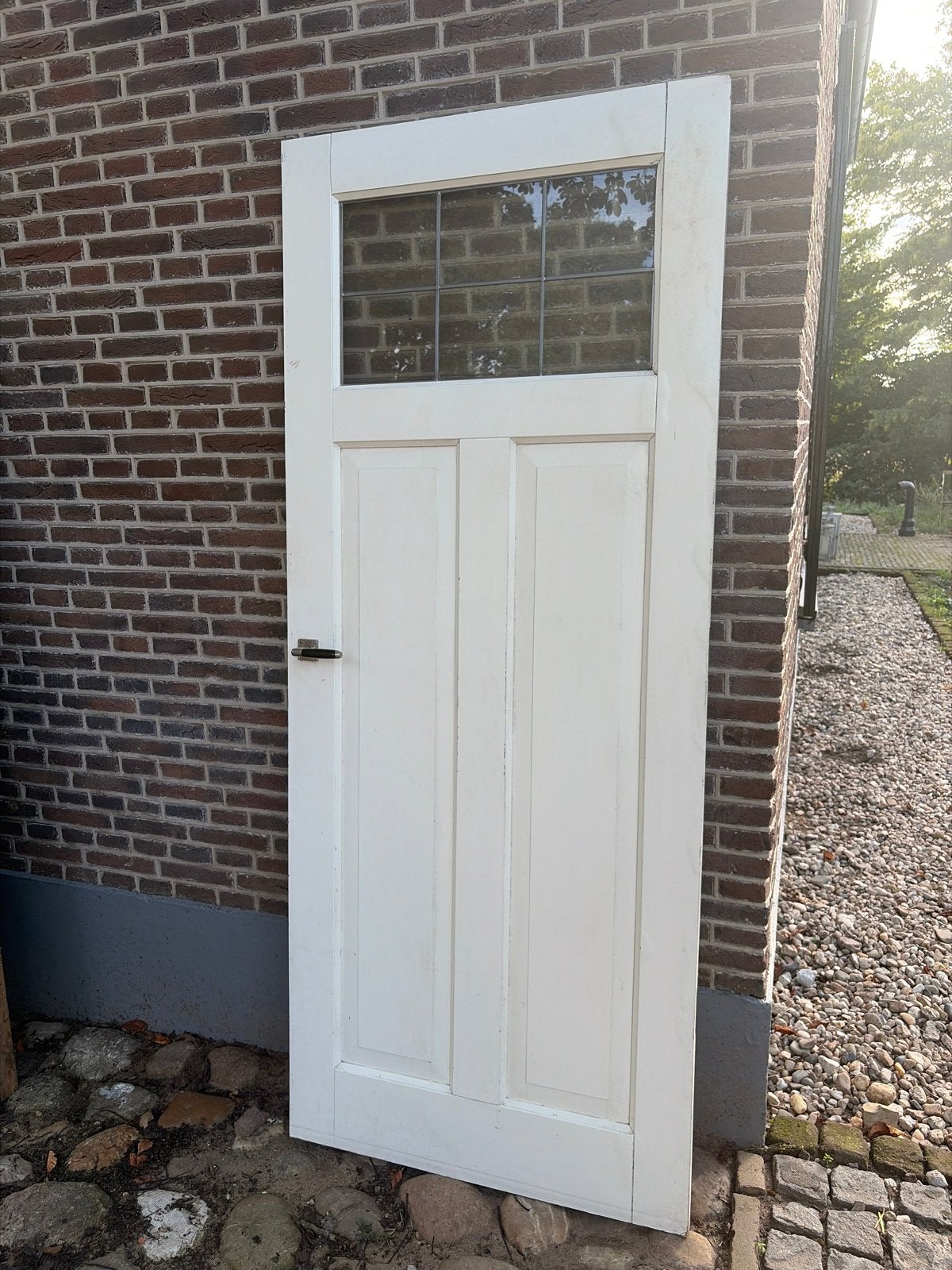Witte houten binnendeur met glas in lood, Ophalen, Gebruikt, 80 tot 100 cm, Buitendeur