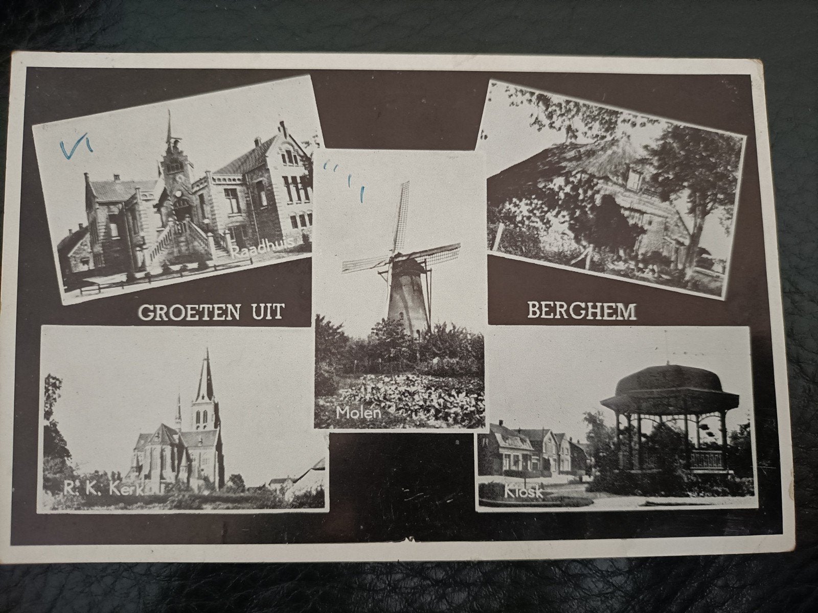 Berghem. Groeten uit. 5-luik o.a. molen. 1958, Ophalen of Verzenden, 1940 tot 1960, Gelopen, Noord-Brabant