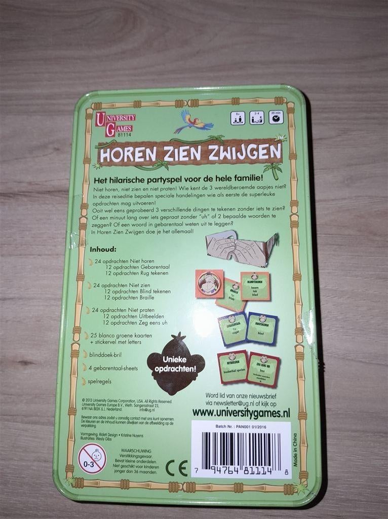 horen zien zwijgen in blik - s4903, Hobby en Vrije tijd, Gezelschapsspellen | Bordspellen, Verzenden, Zo goed als nieuw