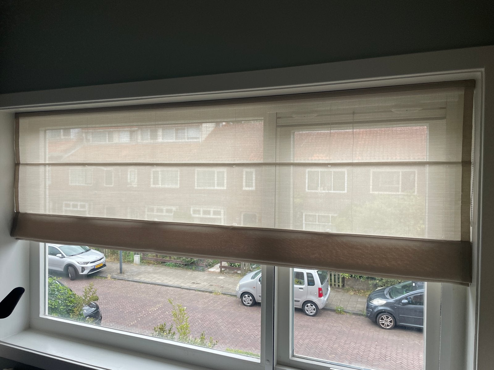 2x Veneta vouwgordijnen - Noa Linnen - 215x121 cm, Huis en Inrichting, Ophalen, Beige, 121 cm, Zo goed als nieuw