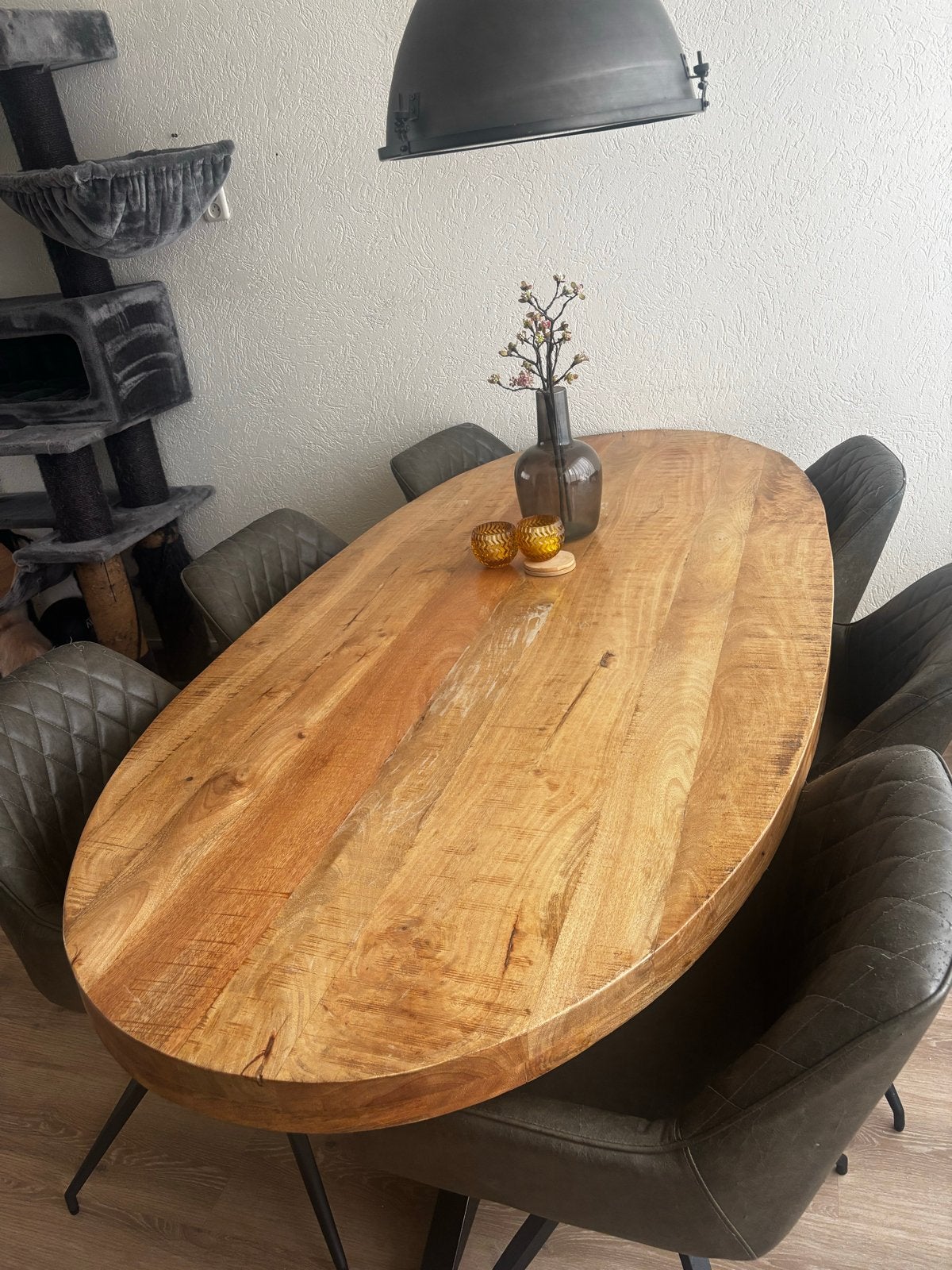 Ovale Mango Houten Eettafel 2.20m met Metalen Onderstel, Huis en Inrichting, Tafels | Eettafels, Ophalen, Gebruikt, 200 cm of meer