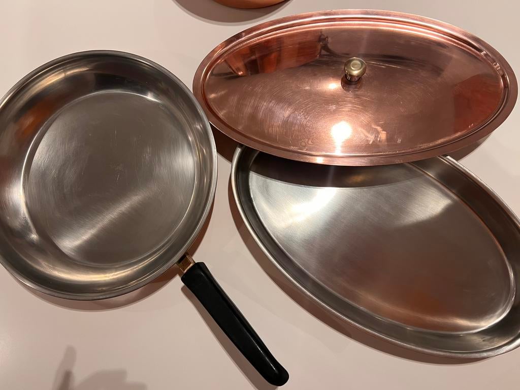 vispan en koekenpan met koperen buitenzijde, Ophalen of Verzenden, Gebruikt, Overige materialen, Koekenpan of Braadpan
