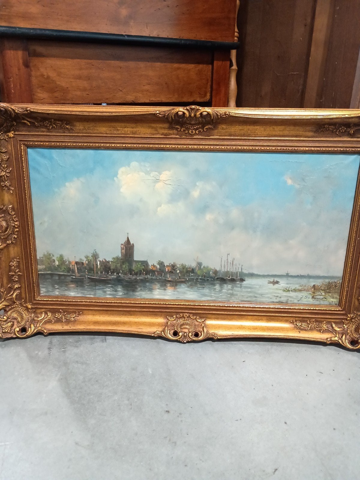 Klassiek Hollands Landschap Schilderij -Gesigneerd J. Schmid, Ophalen, Doek, Gesigneerd, Landschap