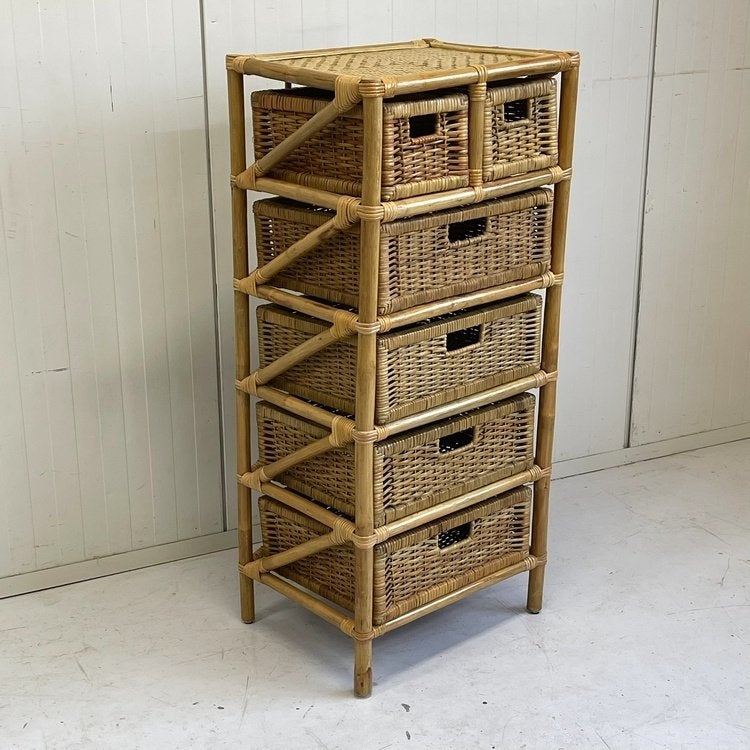 Hoog model vintage rotan kastje ladekast Bohemian style riet, Huis en Inrichting, Overige materialen, Minder dan 50 cm, Gebruikt