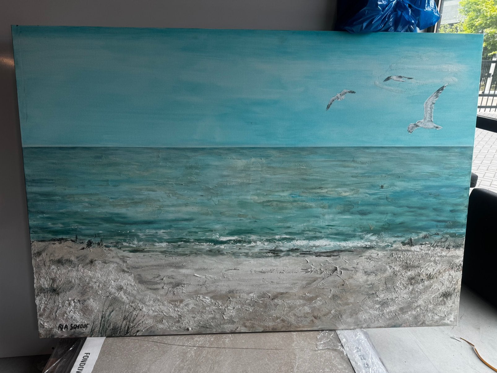 Schilderij lichtblauw/beige Ria Schoof, Ophalen