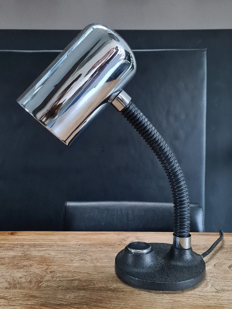 vintage Egon Hillebrand chroom zwart gooseneck tafellamp, Bureaulamp, Gebruikt, Overige merken, Vintage