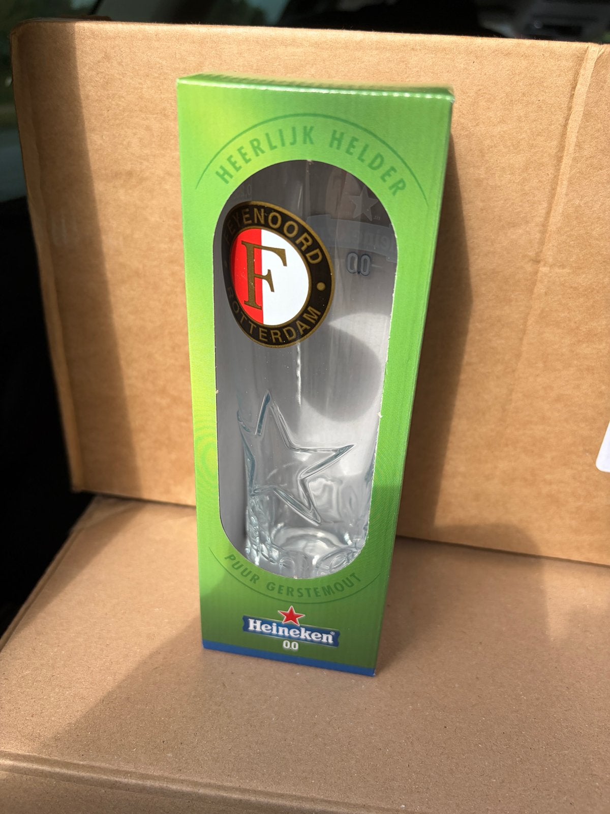 Heineken 0.0 dubbeldruk glas Feyenoord rotterdam nw in doos, Ophalen of Verzenden, Nieuw, Glas of Glazen, Heineken