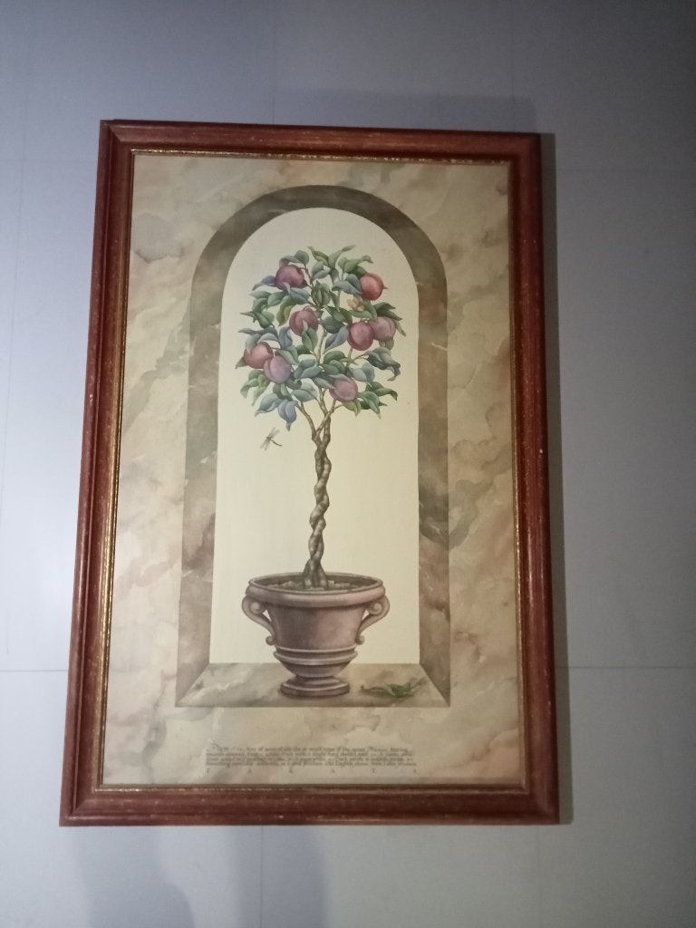 SCHILDERIJ PRUIMENBOOM IN SIERLIJKE POT TEKST HOUTEN LIJST, Ophalen, Gebruikt, Oorspronkelijke maker, Schilderij