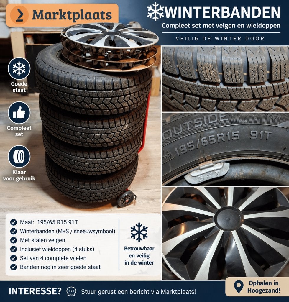 complete set van 4 winterbanden perfect staat.195/65 R15 91T, Ophalen