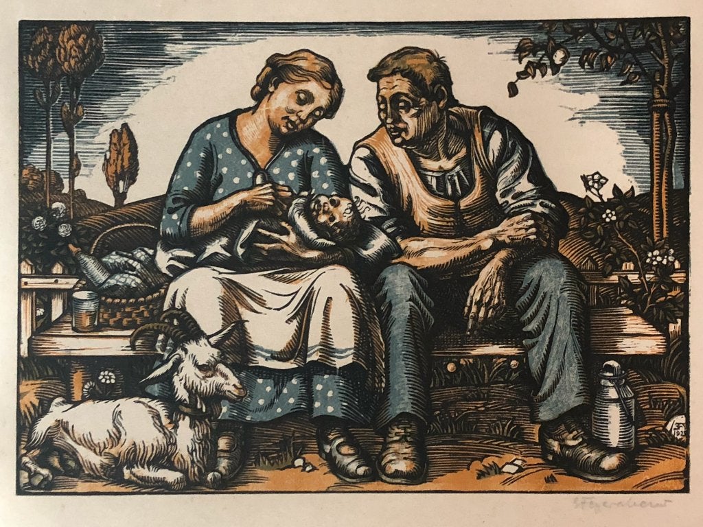 Erich Feyerabend (1889-1945) Kleurenhoutsnede 'Familie met g, Antiek en Kunst, Ophalen of Verzenden