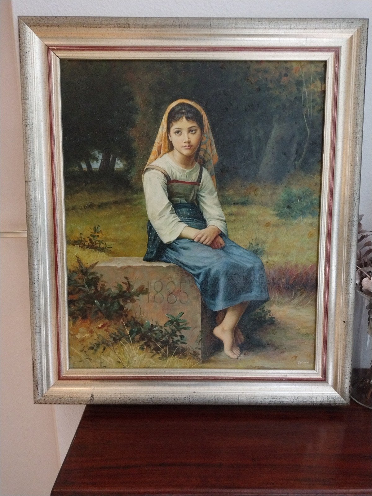 jong meisje op rotsblok., Antiek en Kunst, Ophalen, Doek, Portret of Personen, Klassiek