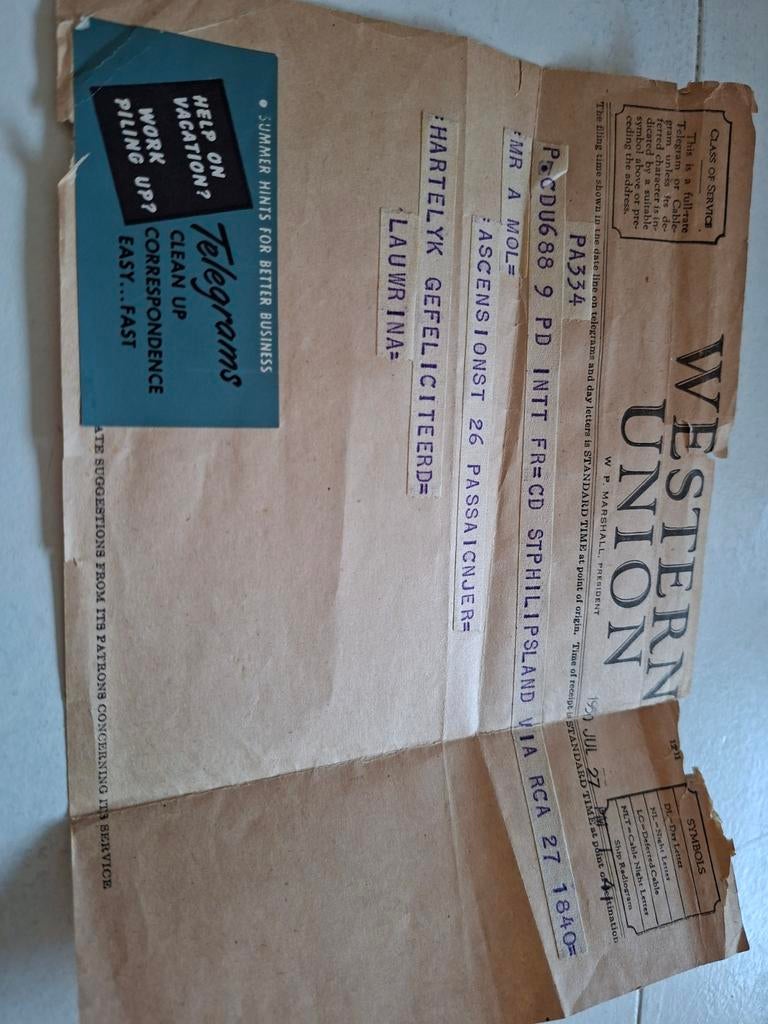 oud telegram 1950 Western Union  van St Philipsland naar USA, Ophalen of Verzenden, Gebruikt