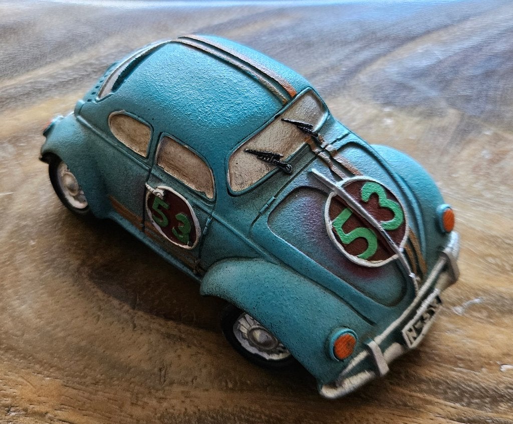 VW Kever spaarpot blauw/groen rally nummer 53 special, gaaf!, Ophalen of Verzenden, Nieuw, Steen, Aardewerk of Keramiek, Vervoermiddel