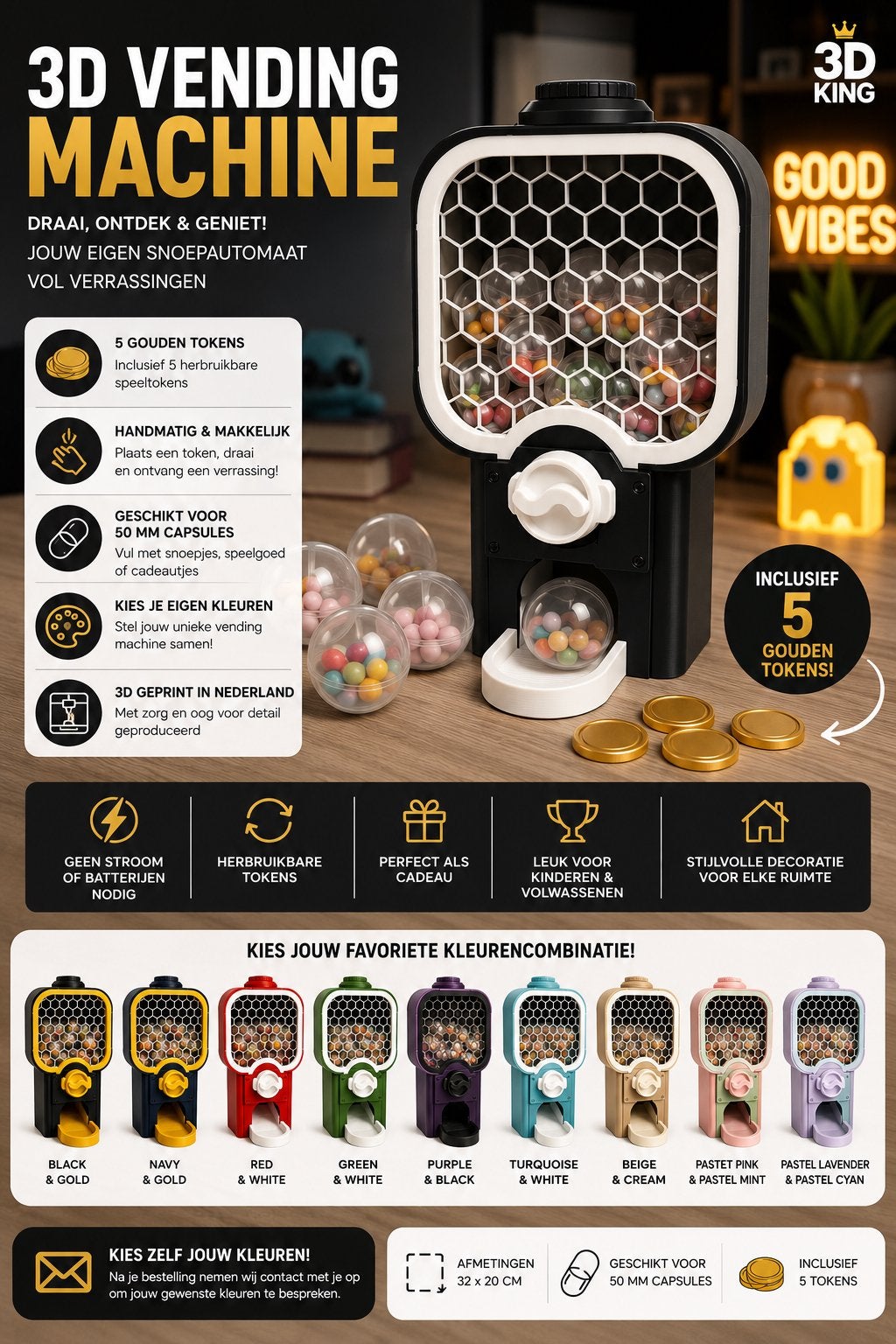 3D Vending Machine - Snoepautomaat met 5 Tokens, Meerkleurig, Overige stijlen, Nieuw, Kunststof