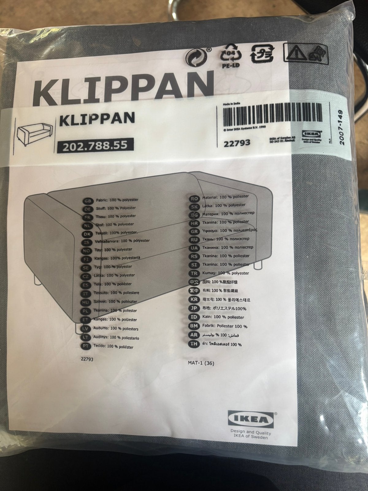 Nieuwe Klippan bankhoes grijs, Ophalen, 150 tot 200 cm, 75 tot 100 cm, Stof