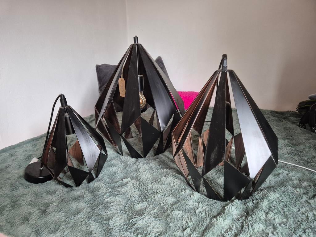 Set van 3 geometrische hanglampen - Zwart/koper, Ophalen, Gebruikt, 75 cm of meer, Modern, Industrieel, Geometrisch
