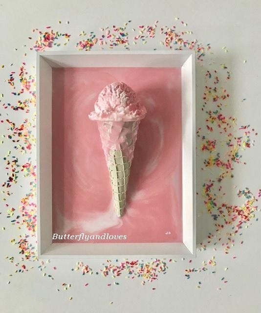 Prachtig 3D IJshoorn ijs ijsje roze wit lijstje Schilderij, Ophalen, Ingelijst, Overig onderwerp