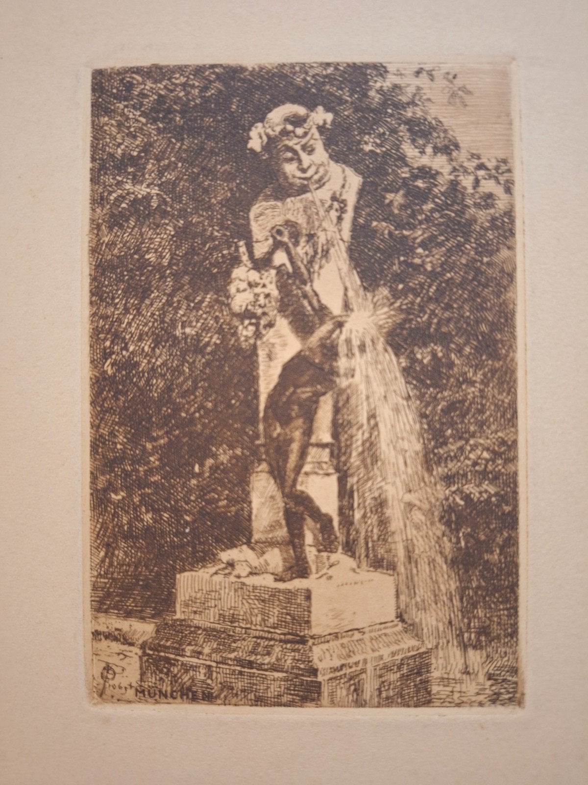 Gesigneerde ets van klassieke fontein, Ets, Architectuur, Ophalen of Verzenden, Gesigneerd