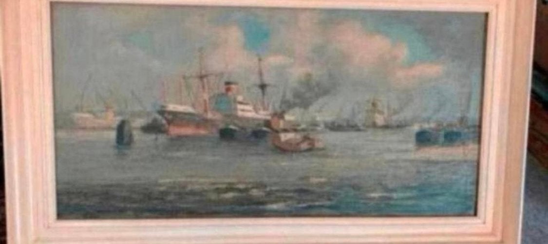 Schilderij haven gezicht rotterdam schilder Adri Verveen., Verzenden