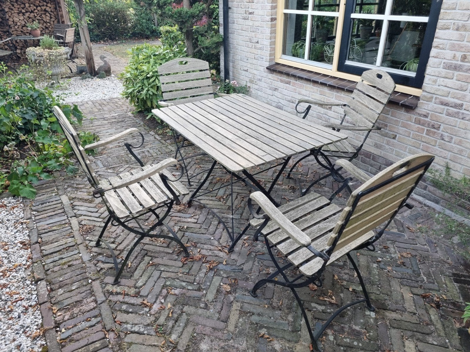Teakhouten tuinset met 4 stoelen en tafel, Tuin en Terras, Ophalen, 4 zitplaatsen, Gebruikt, Teakhout