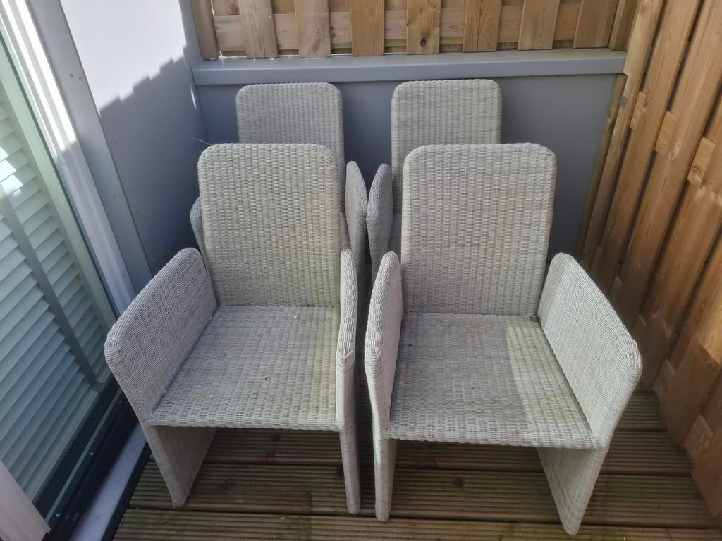 Wicker tuinstoelen met kussens - 4 stuks, 4 zitplaatsen, Gebruikt, Ophalen of Verzenden, Wicker