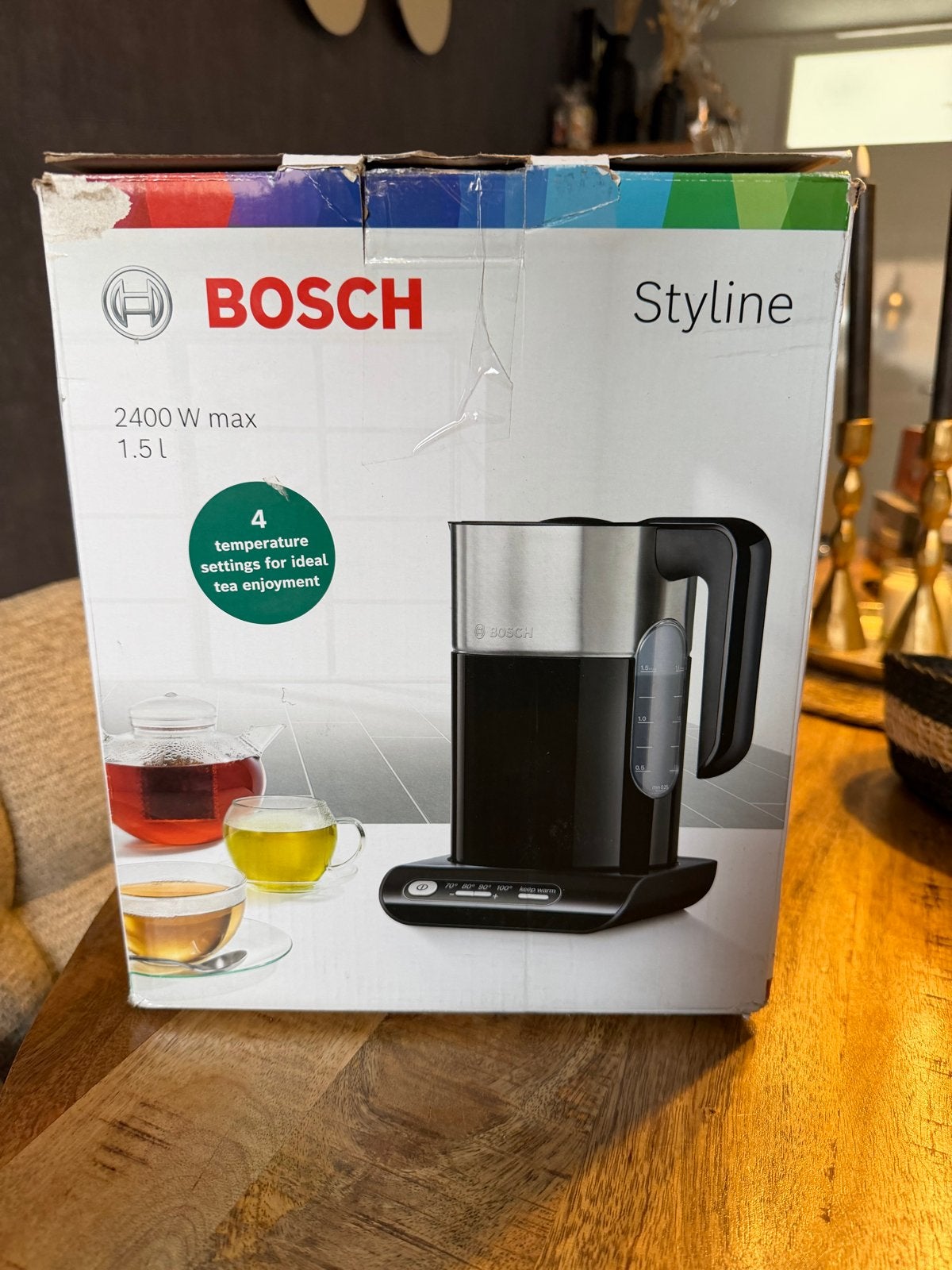 Bosch Styline Waterkoker - 1.5L, 2400W, temperatuurinstellin, Witgoed en Apparatuur, 1 tot 2 liter, Ophalen of Verzenden, Zo goed als nieuw