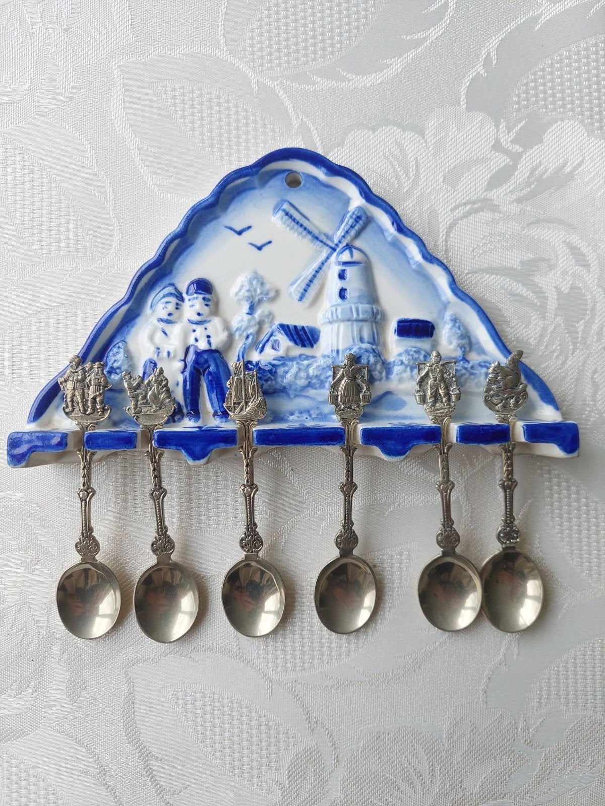 Antieke verzilverde lepeltjes met keramiek rekje Delfs blauw, Ophalen of Verzenden