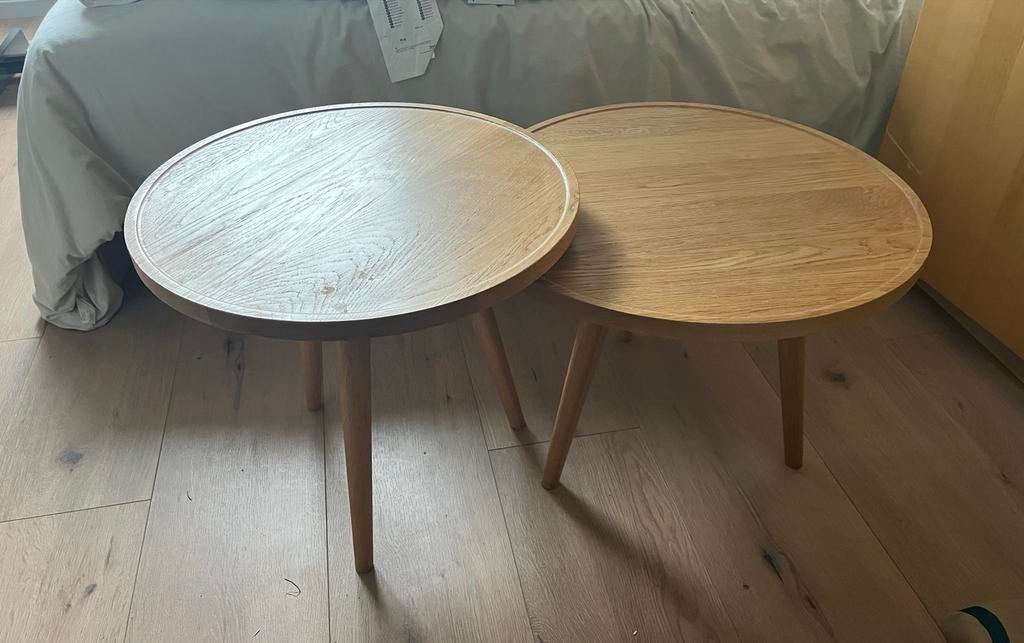 Set twee eikenhouten bijzettafels loods 5, Minder dan 55 cm, Rond, Zo goed als nieuw, Hout