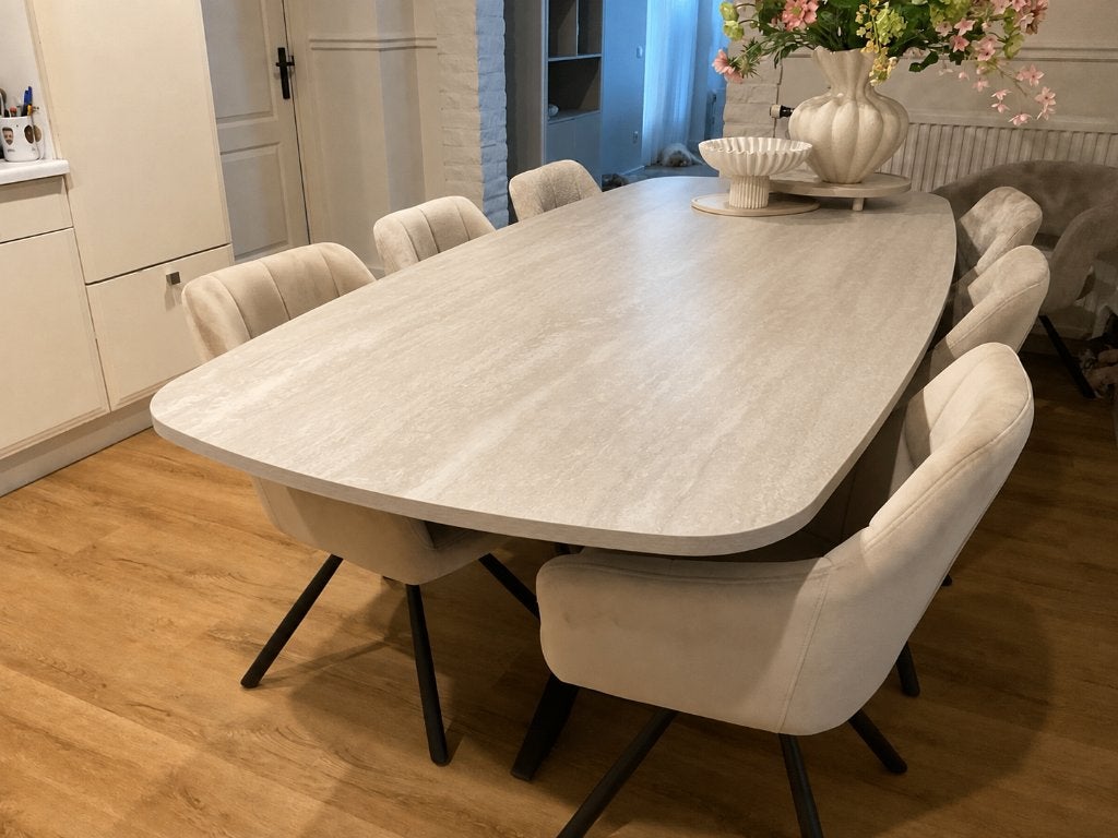 Nieuwe Deens ovale eettafel marmer look blad lengte 210 240, Ophalen, 100 tot 150 cm, Vijf personen of meer, Ovaal