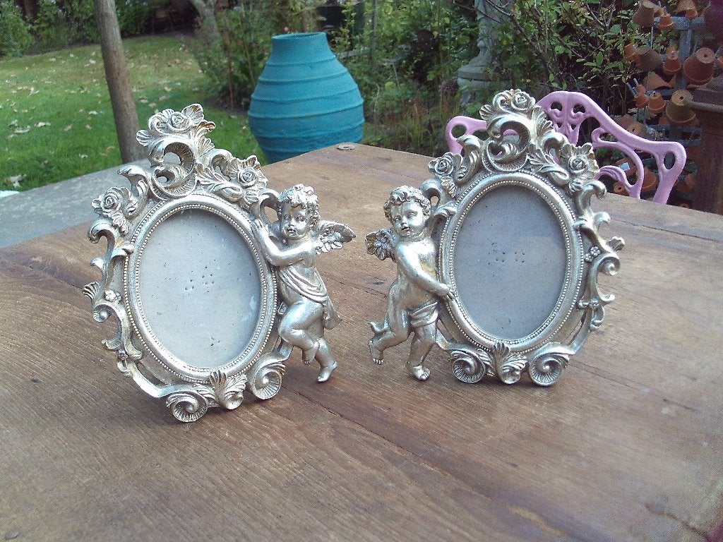 2 kleine  Ovale Lijstjes met Engeltjes - 16x14 cm, Overige materialen, Gebruikt, 16 cm, 14 cm