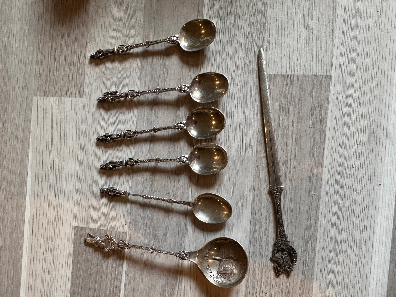 Antieke zilveren lepels en briefopener, 6 stuks, Ophalen of Verzenden