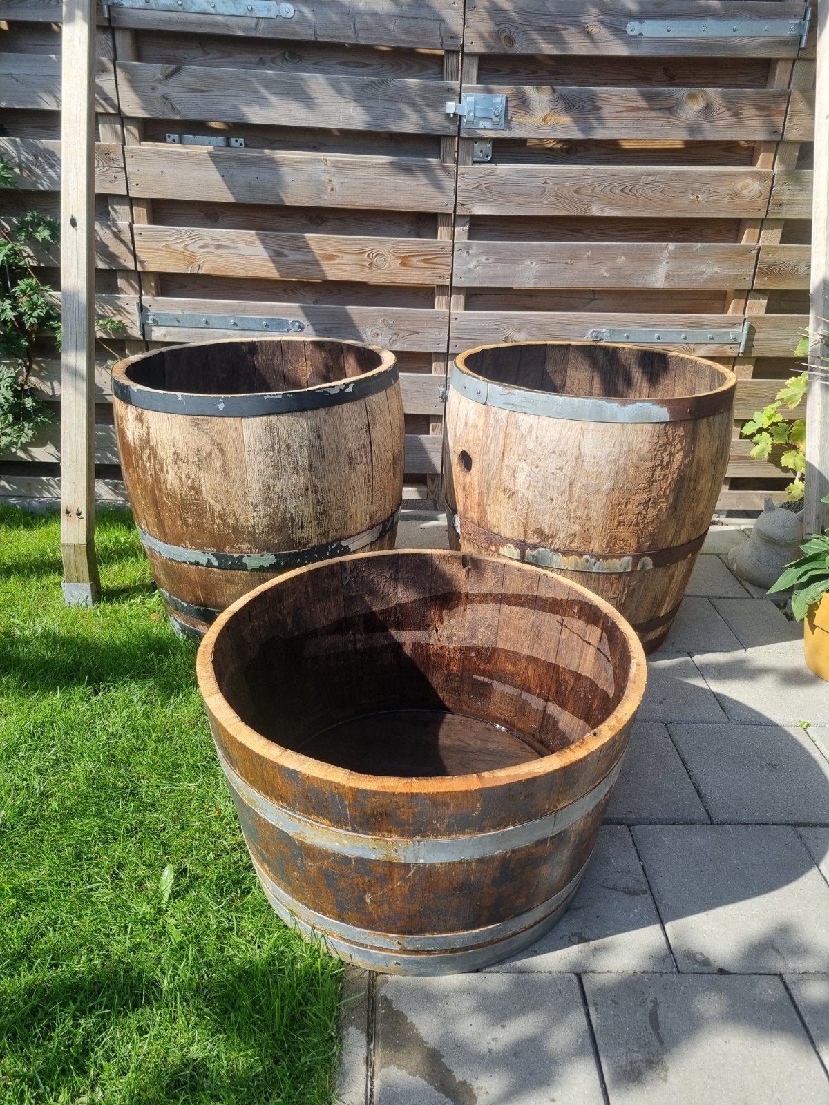 3x Wijnvat bloembakken, Tuin en Terras, Ophalen, Gebruikt, Rond, Balkon