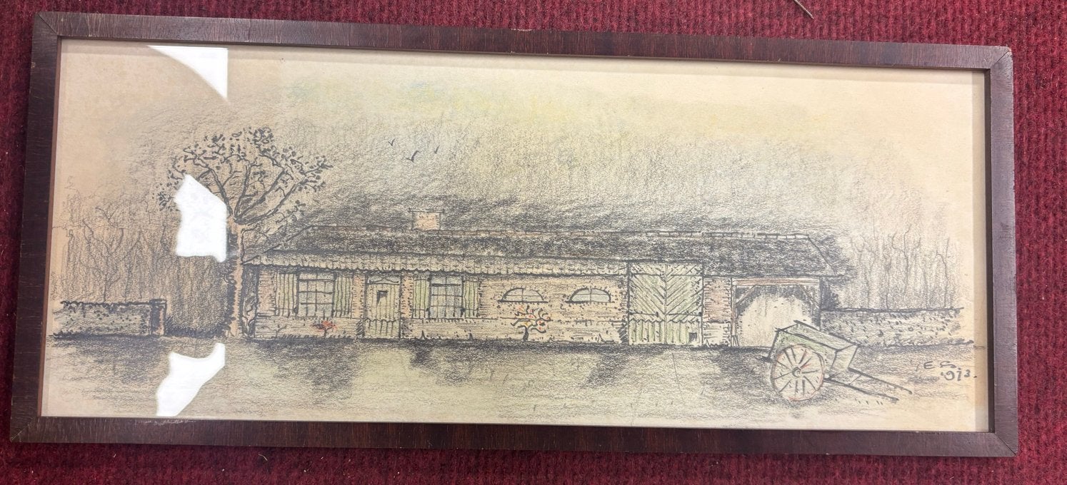 Vintage Tekening Huis met Kar - Ingelijst (17x40 cm), Antiek en Kunst, Kunst | Tekeningen en Foto's, Ophalen of Verzenden, Tekening