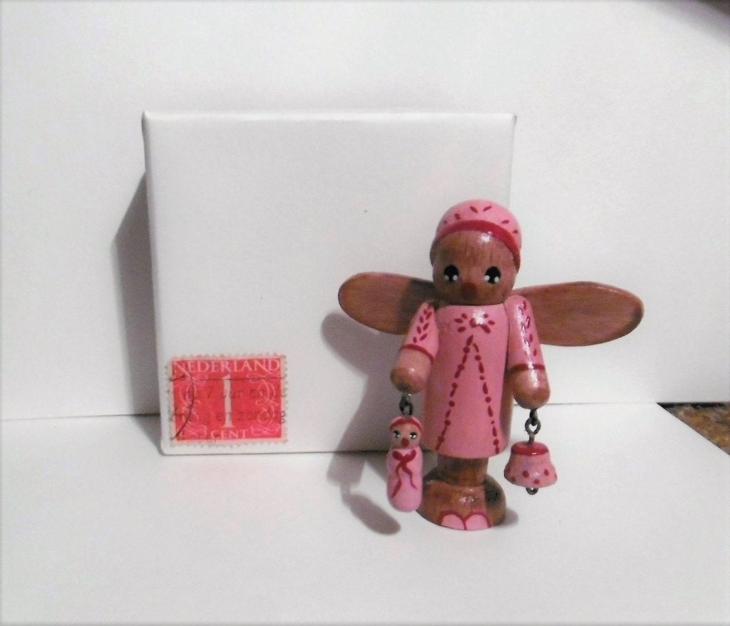 Oude houten engel pop roze kerst poppenhuis miniatuur, Verzenden
