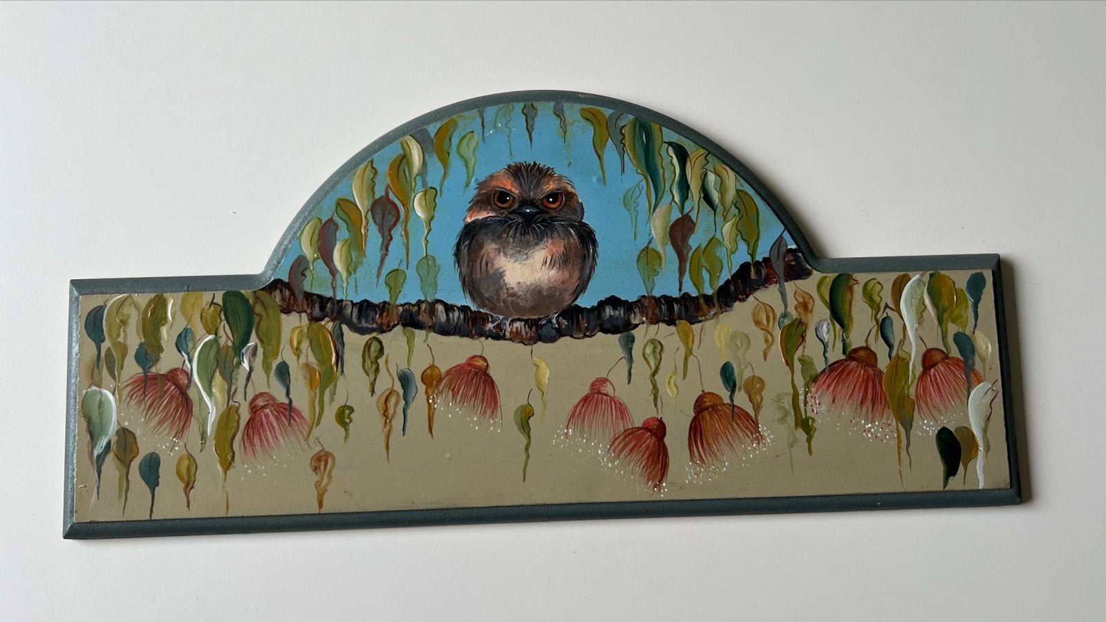 Schilderij van uil op tak, handgeschilderd, Paneel, Realistisch, Dieren, Ophalen of Verzenden